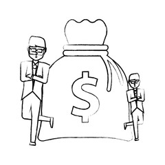 businessmen next to a money bag over white background, vector illustration