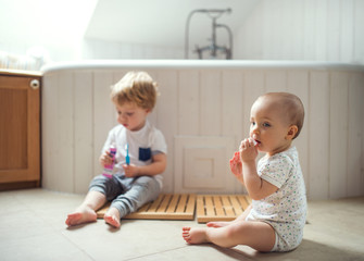 Two toddler children brushing teeth in the bathroom at home.