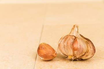 Close up of garlic bulb one clove separated.