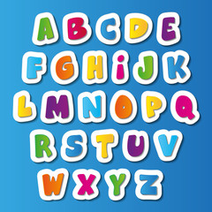 Hand cut vector cartoon alphabet color sticker set. Chubby brightly colored letters on blue background. Good for scrap booking, school projects, posters, textiles.