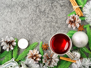 Christmas and Happy New Year background with tea. Top view, copy space, military stile. Fir...