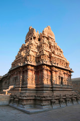 Fototapeta premium Decorated Gopura and walls, Deivanayaki Amman shrine, adjacent to Airavatesvara Temple, Darasuram, Tamil Nadu. View from North West.