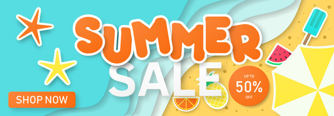 Summer sale background for banner, flyer, invitation, poster, web site or greeting card. Paper cut style, vector illustration