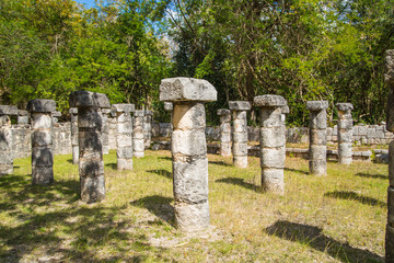 Mexico, Chichen Itzá, Yucatán. Temple of the Warriors with One Thousand columns gallery. Kukulcan El Castillo