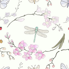 Orchids and insects seamless pattern