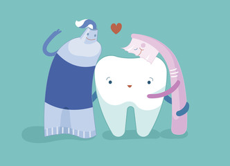 Toothpaste, toothbrush and tooth are friend together, dental concept.