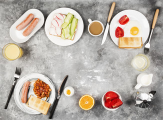 Various healthy breakfast on gray background. Top view, copy space. Food background