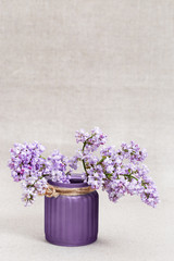 Branches of blooming lilac with vase on blurred background with copy space.