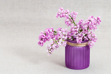 Branches of blooming pink lilac in vase on blurred cloth background with copy space.