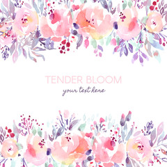 Rustic pastel watercolor background with roses and berries