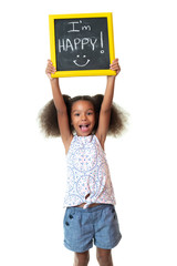 Cute african american girl laughing and holding a sign with a happy phrase