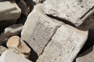 Ancient fragments of stones on excavations