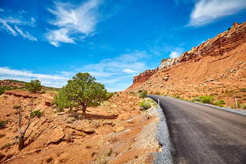 Picturesque road in the Capitol Reef National Park, retro style toned picture, Utah, USA.