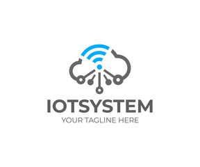 Internet of things (IOT), logo template. Network cloud and wi-fi signal, vector design. Cloud technology, logotype