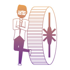 businessman standing next to a gear wheel over white background, vector illustration