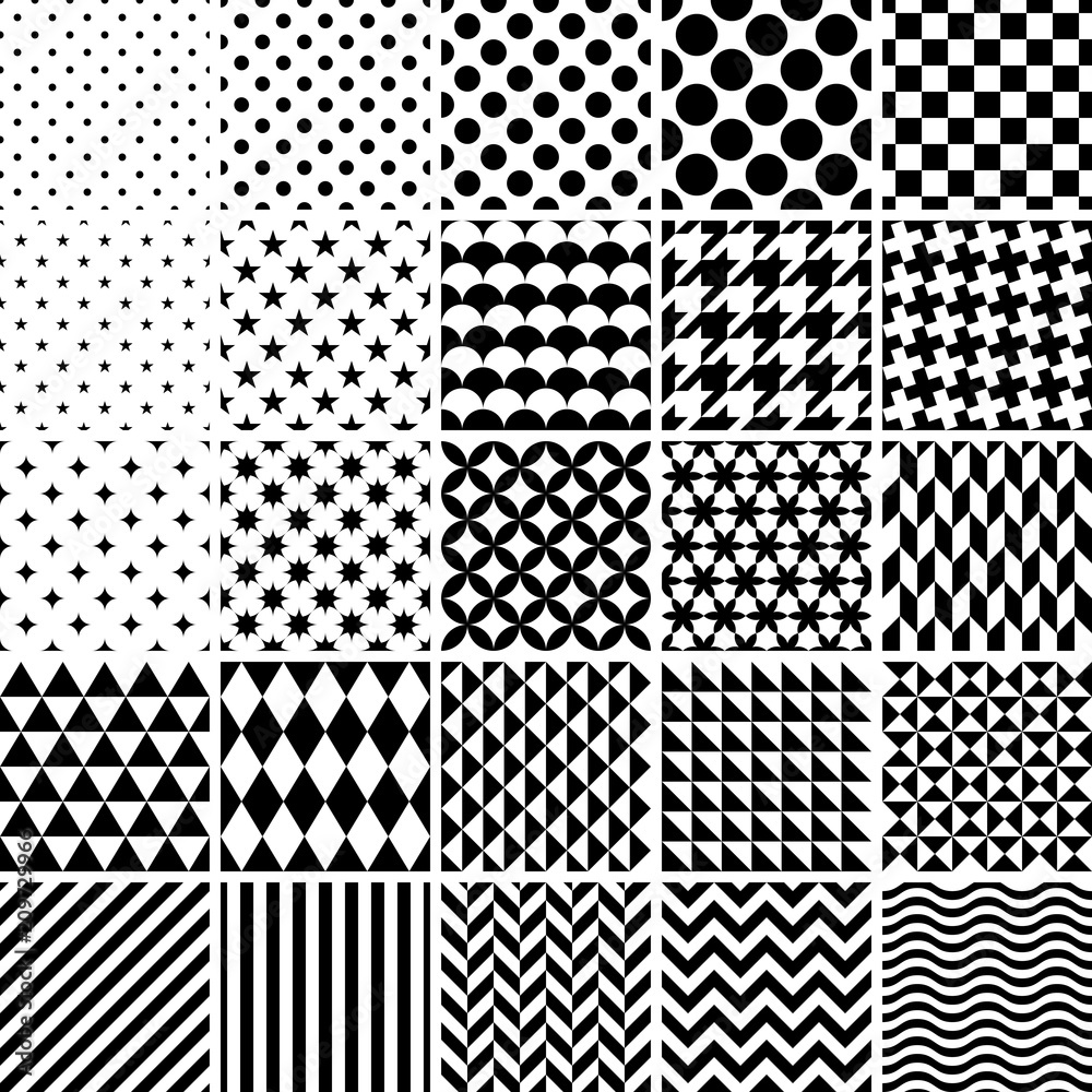 Poster set of 25 classic geometric patterns. vector black and white textures.
