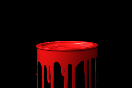 Red Oil Paint Flowing Down On Wall Of Metal Bucket