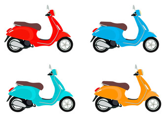 Flat image of a moped. Classic scooter, red, turquoise, blue and yellow