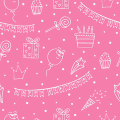Pink seamless pattern for a birthday with white drawings.