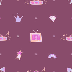 Violet seamless pattern with the tape recorder, TV, and doodles.