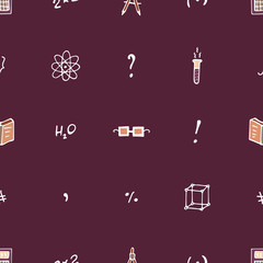 Scientific seamless pattern with books, symbols and calculators.