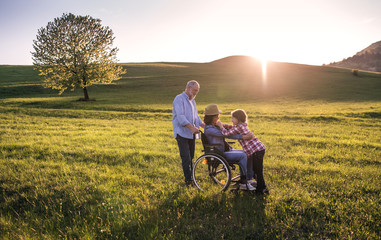 A small girl with her senior grandparents with wheelchair on a walk outside in nature.