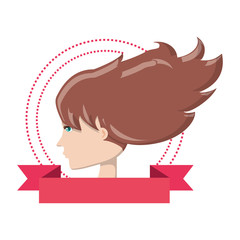Emblem with decorative ribbon and profile of a woman icon over white background, colorful design. vector illustration