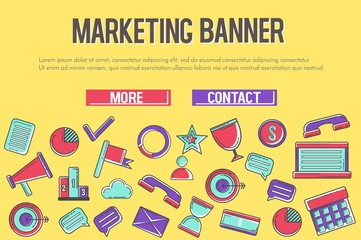 Marketing vector banner design with SEO and technology, advertisement linear icons.Perfect for cover,poster,invitation,brochure. Digital marketing promotional material card, label concept. Vector