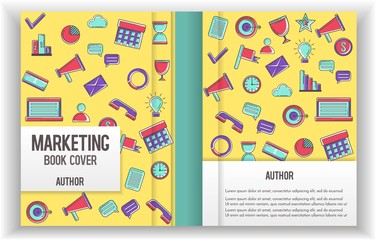Book cover template with infographic elements, linear icons about marketing, advertisement, SEO, commerce. Perfect for reports, books, booklet, flyer, portfolio, business catalog, magazine. A4 full