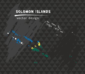 Solomon Islands map with flag inside on the black background. Chalk sketch vector illustration
