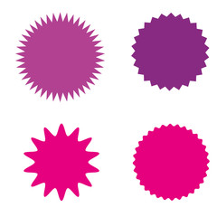 Set of starburst, sunburst badges, labels, stickers. Different shades of pink, violet, purple color.