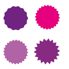 Set of starburst, sunburst badges, labels, stickers. Different shades of pink, violet, purple color.