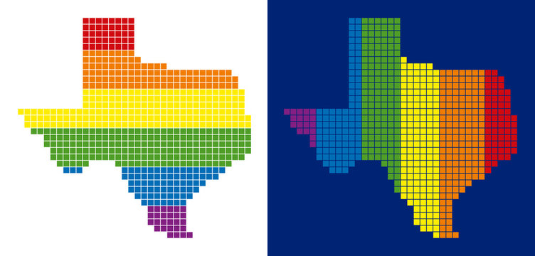 Dotted LGBT Texas map variants. Vector geographic schemes in LGBT rainbow colors with vertical and horizontal directions on white and blue backgrounds.
