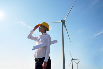 An engineer controls the functioning of wind turbines that run thanks to the force of the wind and...