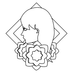 profile of a woman over decorative frame with flowers white background, vector illustration