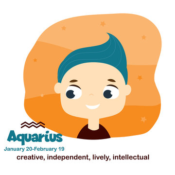Aquarius. Kids zodiac. Children horoscope sign. Astrological symbols with cute baby face in cartoon style
