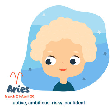 Aries. Kids zodiac. Children horoscope sign. Astrological symbols with cute baby face in cartoon style