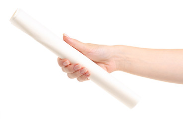 Parchment roll in hand on a white background isolation