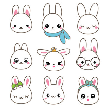 Cute rabbits. Bunny faces in kawaii style. Vector icons set
