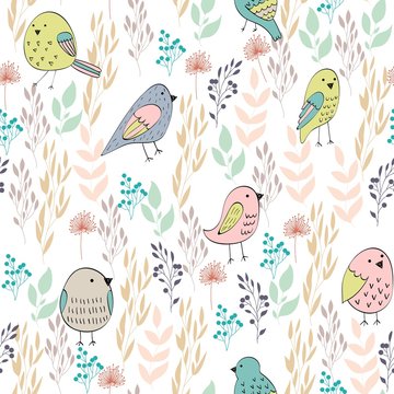 Vector seamless pattern with birds and flowers