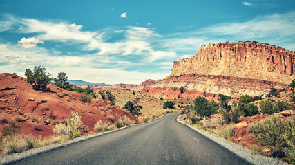 Retro toned picturesque road in the Capitol Reef National Park, Utah, USA.