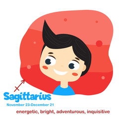 Sagittarius. Kids zodiac. Children horoscope sign. Astrological symbols with cute baby face in cartoon style