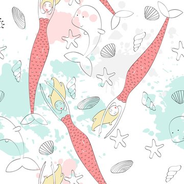 Vector seamless pattern with a mermaid and a dolphin