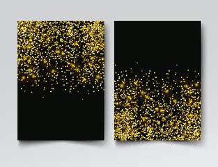Gold glitter particles on black background invitation template