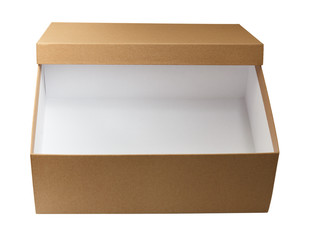 simple empty open cardboard box with a lid, isolated on a white background