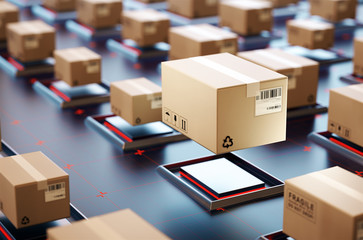 Packages are transported in high-tech Settings,online shopping,Concept of automatic logistics management.