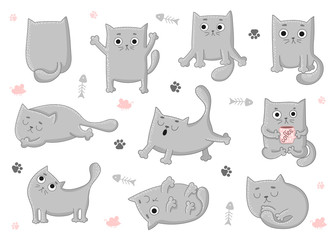 Vector cartoon set of cute cats. Collection of stickers.
