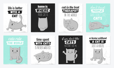 Vector cartoon set of cards with cute cats and funny lettering phrases.