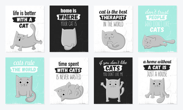 Vector cartoon set of cards with cute cats and funny lettering phrases.