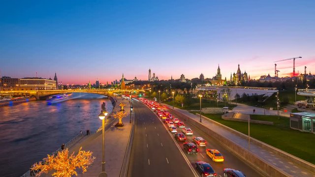Timelapse video of Moscow landmark and road with traffic during sunset from Zaryadye Park